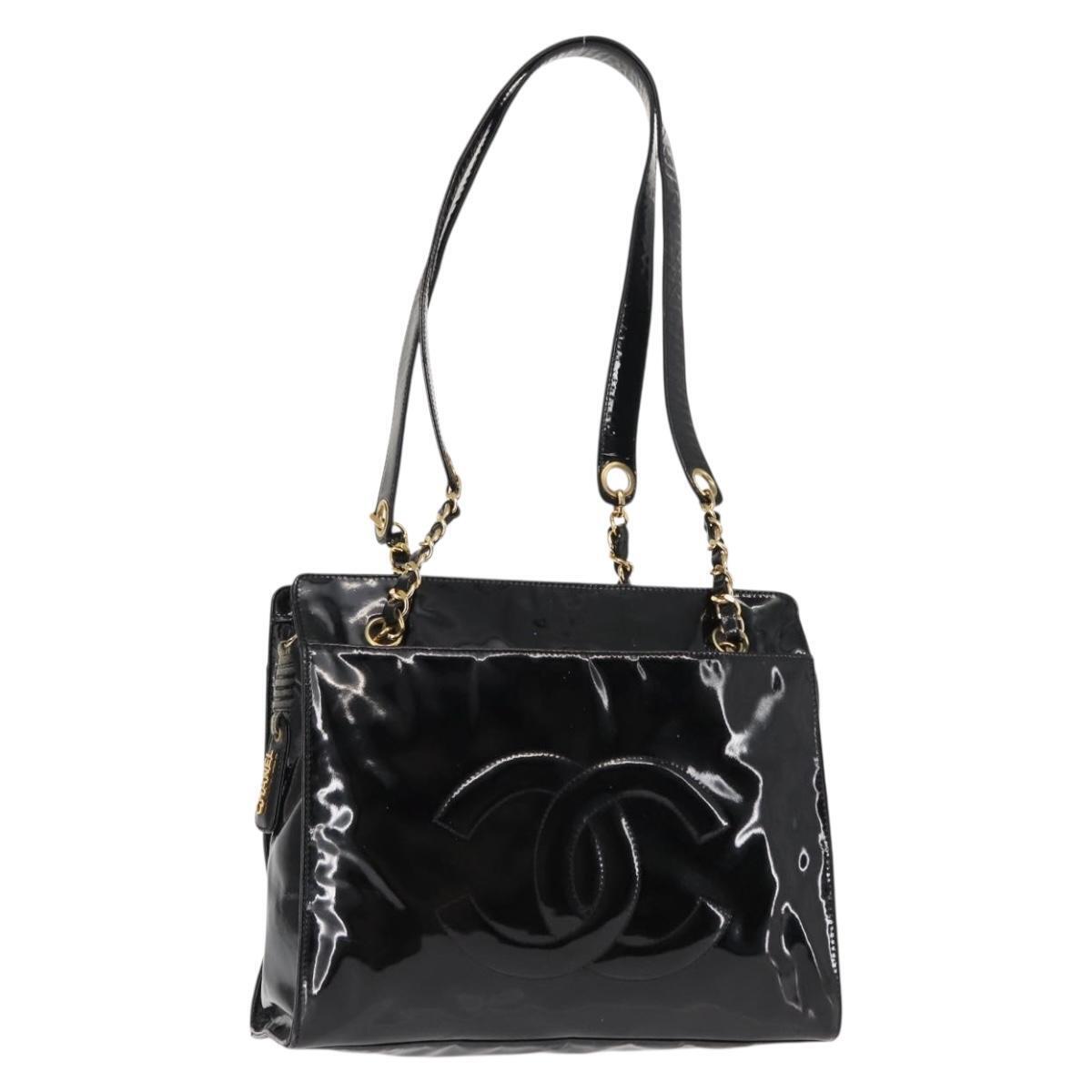 Chanel Coco Mark Chain Shoulder Bag Patent Leather Black Gold Cc Auth Ba3798